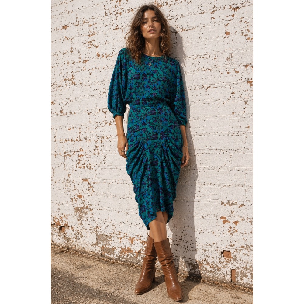 Vintage 90s Teal Draped Midi Dress Ruched Tulip Hem Batwing Minimalist 5 S